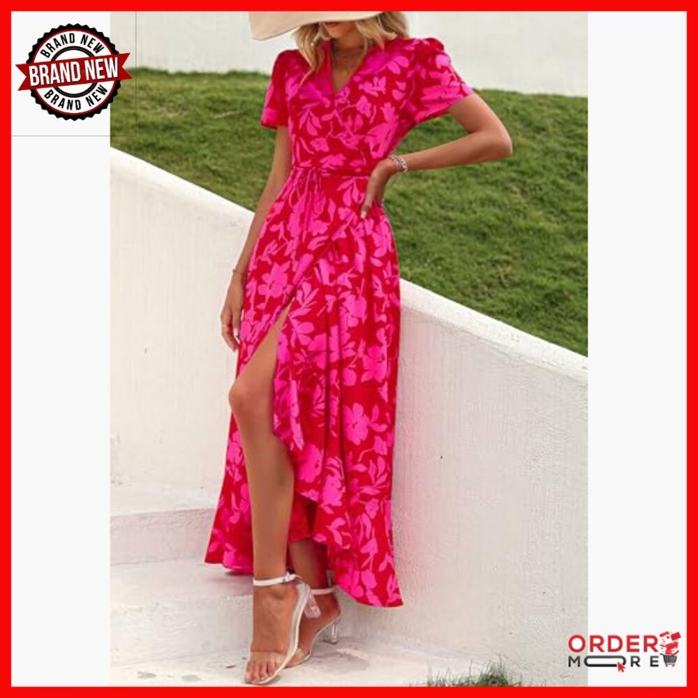 Boho Floral Maxi Dress Wrap V Neck Short Sleeve Summer Beach Wedding Guest - Picture 6 of 7